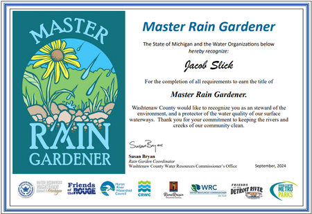 Master Rain Gardener Certificate, Jacob Slick