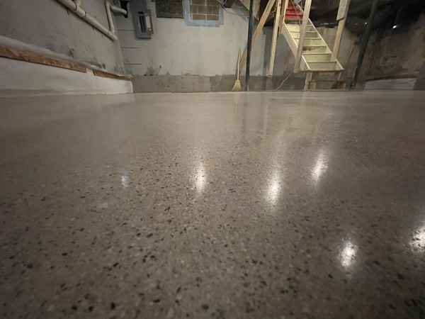 A polished concrete basement floor.